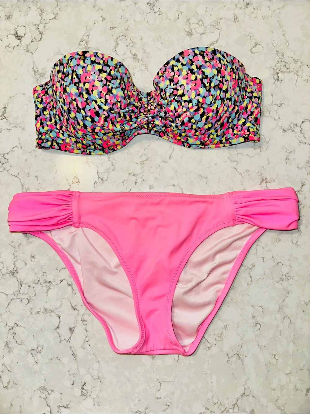 VS Black Multi Color Bandeau Bikini Top & Pink Bikini Bottom